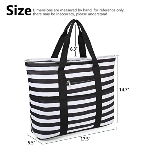 Ledaou Large Beach Tote Bag Women Beach Bag Waterproof Sandproof Zipper Pool Picnic Gym Travel Tote Bag (Black White Stripes) #TOP6
