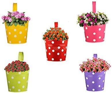RVOLD Dotted Design Metal Iron Balcony Railing Hanging Flower Pots, Garden Pots Balcony Planters Fence Bucket Pots Metal Bucket Flower Holders with Detachable Hooks for Hanging 5 pcs (Color May Vary)