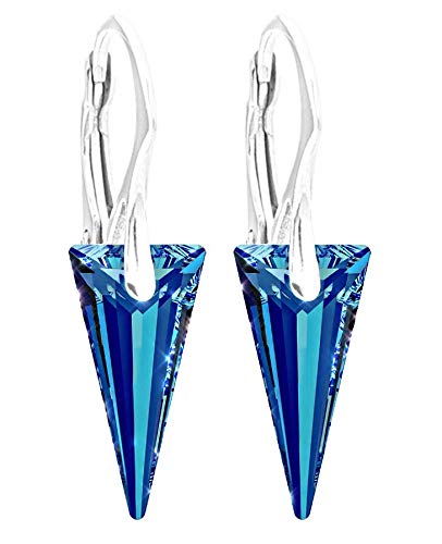 GIFT BOXED! Ah! Jewellery Ladies 18mm Eye Catching Bermuda Blue Spike Crystal Earrings. Solid Sterling Silver Easy To Use Leverbacks, Stamped 925.