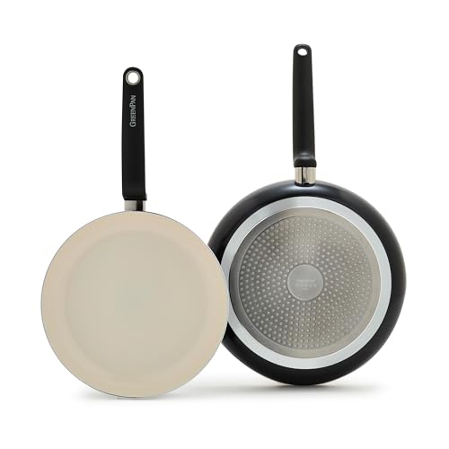 Image of GreenPan Rio Advanced 10 inch and 12 inch Frying Pan Skillet Set, Ceramic Nonstick PFAS-Free Pans, Induction Ready, Dishwasher and Oven Safe, Black