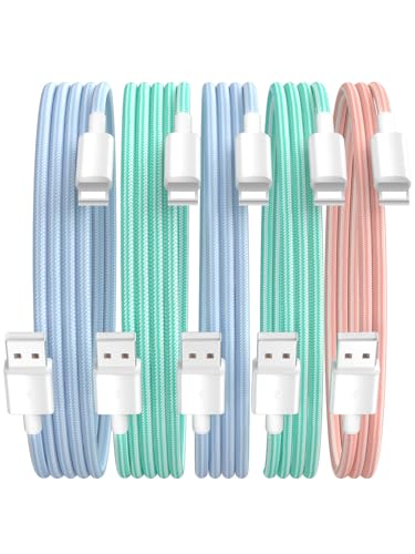 Kndaa Cable Cargador para iPhone[5Pack, 1M/2M/2M/3M/3M] Trenzado de Nailon USB A Lighting Cable para iPhone Carga Rápida para iPhone 14/13/12/11/Pro Max/Mini/Pad   Rosa/Azul/Verde/Azul/Verde