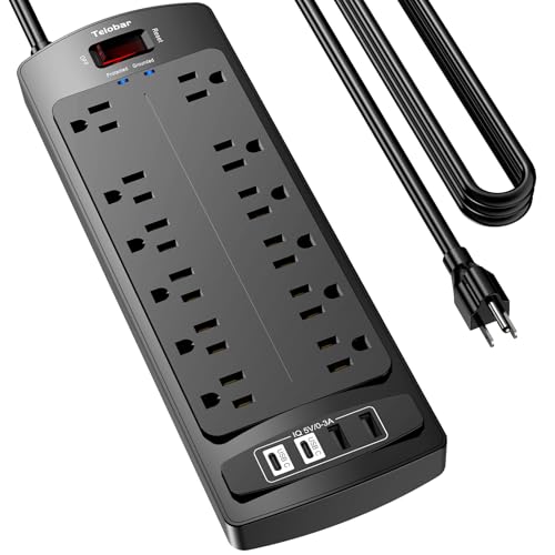 Image of 15 Ft Extension Cord Power Strip, Teiobar Surge Protector with 12 AC Outlets and 4 USB Ports for Home, Office, Dorm Essentials, 2700 Joules, ETL Listed, Black