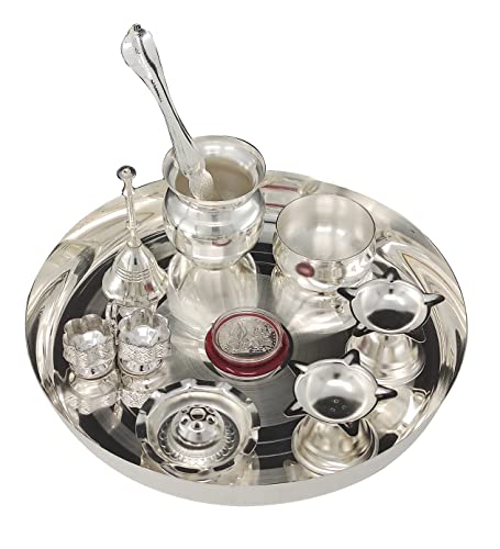 Pooja thali Set Silver Plated with 8 Inch Plate Bowl Agarbatti Stand Palli Kalash Diya Kumkum Holder Coin Puja Thali for Home Mandir Office Wedding Return Diwali Gift Items