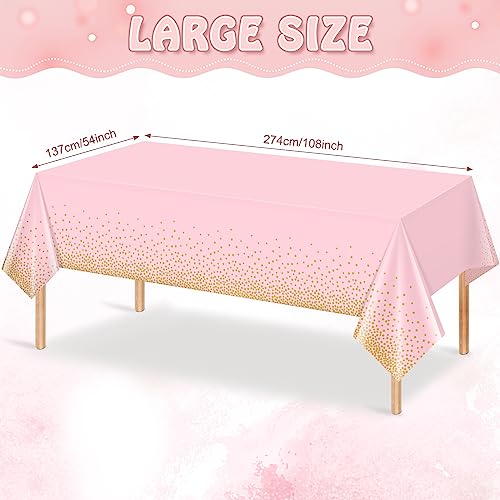 Image of FunnyPars 4 Pack Pink and Gold Plastic Tablecloth for Parties, Pink Disposable Table Cloth for Rectangle Tables, Gold Dot Confetti Light Pink Tablecloth for Birthday Wedding Baby Shower Party, 54x108