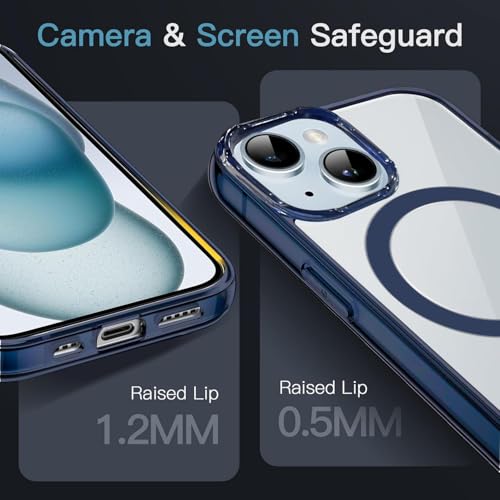 Image of Elzzi Translucent Clear Back Cover Compatible with iPhone 15, PC Shockproof Scratch Resistant, Non-Yellowing, Support Mag-Safe Wireless Magnetic Charging Case - Blue