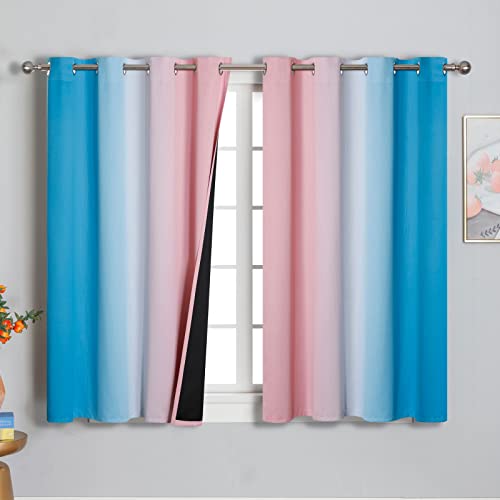 Ombre Pink and Blue Blackout Curtains 45 Inches Long, Full Light Blocking Curtains for Bedroom, Wavy Line Pattern Grommet Thermal Insulated Gradient Drapes for Living Room,52x45 Inch, 2 Panels