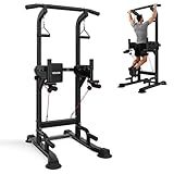VEVOR Pull Up Bar, 330 LBS Power Tower Dip Station, Workout Dip Station with H-Shaped Stable Base & Back Pad, Adjustable 12 Level Height Free Standing Chin Up Bar for Back, 4-Level Adjustable Back Pad