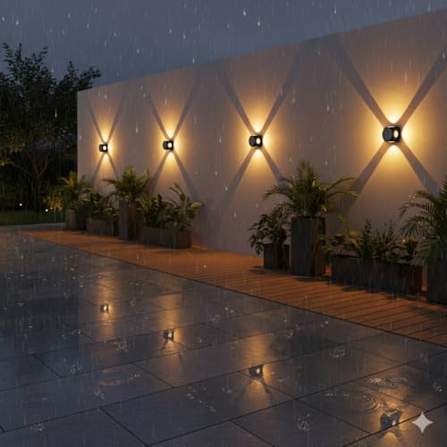 Image of FERA Waterproof Aluminium Up Down Led Wall Lamp, 4 Way, 4 Ray, Multy Colour, Indoor /Outdoor Decorative Wall Sconce Light (4 Way Warm White)