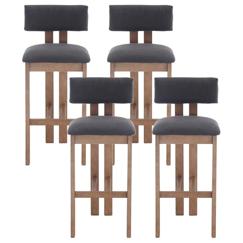 Farmhouse Bar Stools Set of 4 for Kitchen Island 30 inches Bar Height Stool Chairs for Breakfast Tall Upholstered Barstools with Comfy Backrest for Patio/Cafe, Charcoal