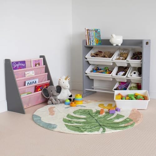 Duffy® Kids Storage Unit Toy Box Organiser Bookshelf With Removable Baskets, For Bedroom, Nursery, Playroom (Grey Wood With White Bins) - 4
