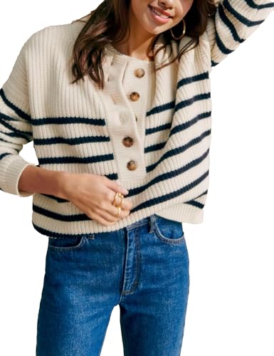 Womens Casual Long Sleeve Sweaters Buttons V Neck Ribbed Knit Pullover Outfits