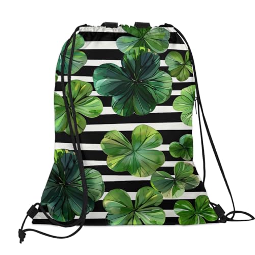Green Clover Leaf Drawstring Backpack Waterproof String Bag Sackpack Black White stripe Cinch Sack for Traveling Gym Sports with Mesh Pockets2