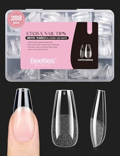 Beetles Gel Nail Tips Medium Coffin Etch X, 12 Sizes 288Pcs Pre Shaped Half Matte Full Cover Press On Nails Tips Acrylic Fake Nail Extensions Kit Easy DIY Salon Manicure Gift for Women