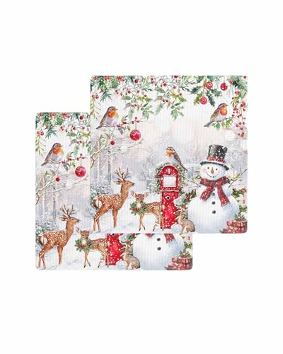 Hokiten Christmas Waffle Kitchen Towels Dishcloths, Snowman Elk Snowflake Xmas Botanical Absorbent Dish Towels | Hand Towels for Bathroom/Bar, 12 x 12 Inch, 2 Pcs