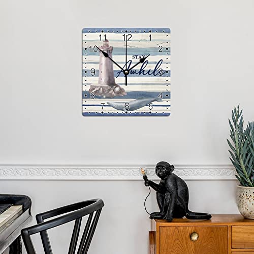 Godblessign Boat Lighthouse Wall Clock Beach Square Clocks Welcome To Our Beach House Decorative Clocks Battery Operated 10 Inch Silent Tuscan Cabin Wall Home Decor Living Room Bedroom Decor #TOP3