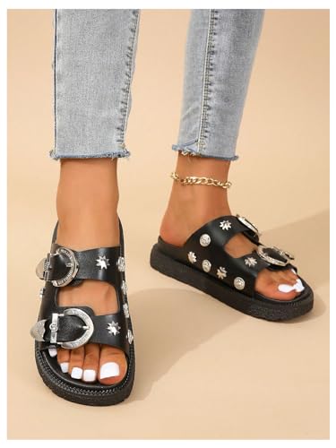 Oyoangle Women'S Studded Double Buckle Strap Footbed Sandals Fashion Platform Slip On Slides Sandals Black 8 thumb #1