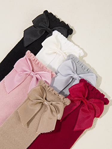 OYOANGLE Girl's 5 Pairs Bow Front Over the Calf Sock Ruffle Trim Knee High Socks Pink Multi 6-12M4