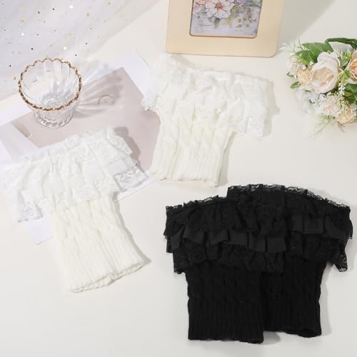2 Paris Black White Ruffle Lace Boot Cuff Socks Summer Winter Fashion Decorative Stretch Crochet Laced Trim Leg Warmers Toppers Short Knitted Cuffs Calf Socks Bulk for Women Gift Accessories3