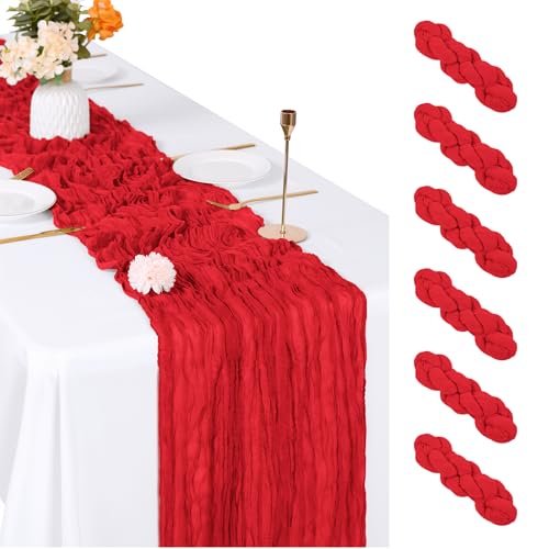 ACSUIT 6 Pack Red Cheesecloth Table Runner, 17 x 108 inch, Semi Sheer Boho Cheese Cloth Fabric Table Runner Bulk for Wedding, Birthday, Party, Holiday, Home Decor (Red) by ACSUIT - Used condition - US$13.91
