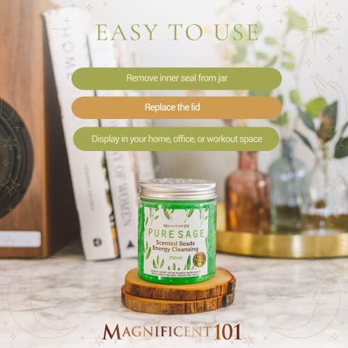 Magnificent 101 Pure Sage Scented Beads In 8.5-Oz Lidded Jar; For House Energy Cleansing, Purification, Air Freshening & Odor Elimination; Great For Office, Yoga Studio Or Apartment Housewarming Gift #TOP4