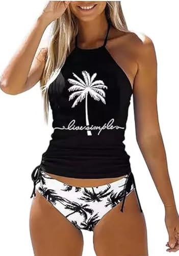 Womens Live Simple Coconut Tree Halter Tankini Set Two-Piece Tankini Set Tankini Top Sets Swimwear (L, Black-7)