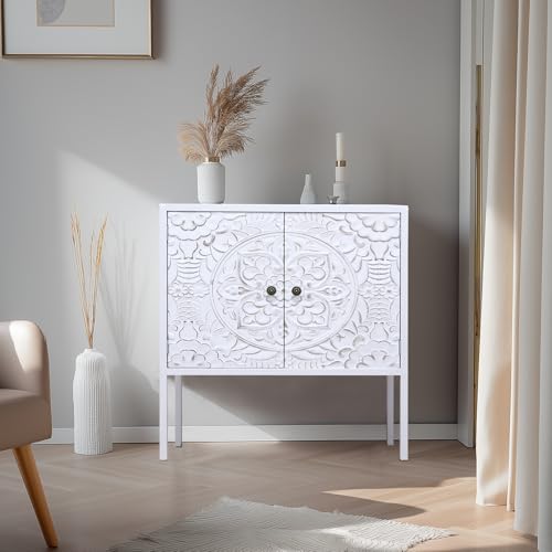 G-LEAF Sideboard Kommode Vintage Boho Stil | Aufbewahrungsschrank mit 2 geschnitzten Türen & verstellbarem Regal| Holzplatte & Metall Beinen | Freistehend Schrank für Wohnzimmer, Flur, Küche, Weiß G-LEAF Sideboard Kommode Vintage Boho Stil | Aufbewahrungsschrank mit 2 geschnitzten Türen & verstellbarem Regal| Holzplatte & Metall Beinen | Freistehend Schrank für Wohnzimmer, Flur, Küche, Weiß