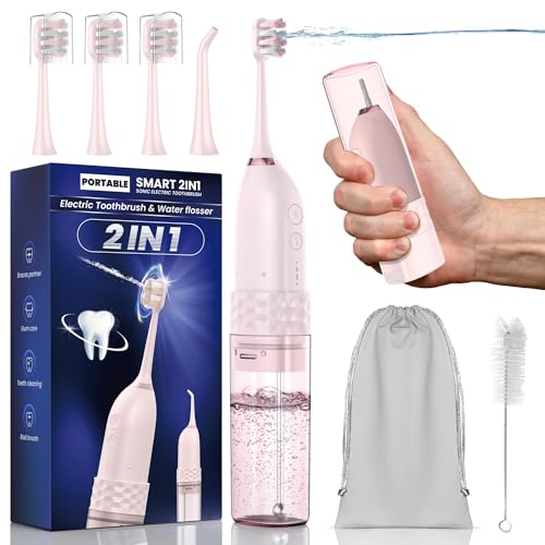 Cepillo de dientes eléctrico con hilo dental rosa para una higiene bucal completa diaria