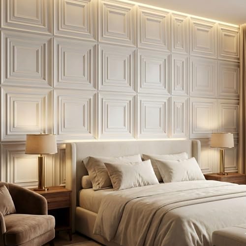 Image of Kayra Decor 3D PVC Wall Panels for Bedroom & Living Room | Frame Design | White Color | 19.7 x 19.7 Inch | Pack of 18 | 48.42 Sq Ft