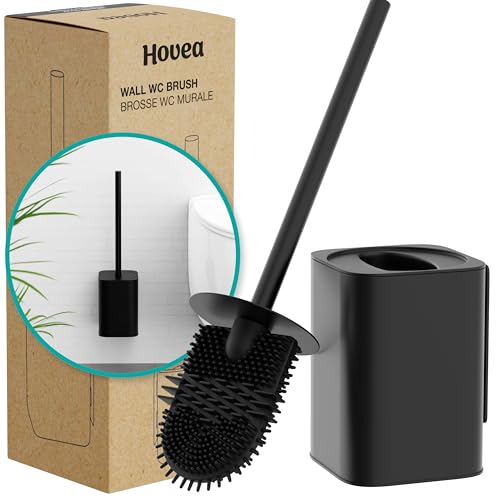 Hovea WC3010 – Kit de cepillo de inodoro colgante – Cepillo de silicona plana y carcasa de metal – Color negro mate – sin taladrar – Fijación de pared con adhesivo o tornillos – Escoba cepillo de aseo