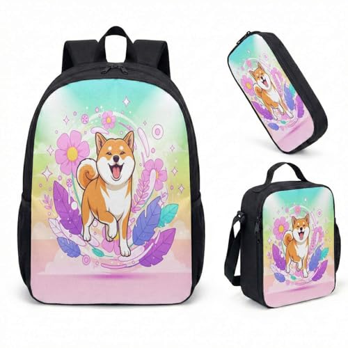 Mochila escolar con estampado de perro Shiba Inu de 17 pulgadas, 3 piezas, diseño geométrico japonés, mochila escolar para niños, 07, L, Minimalista