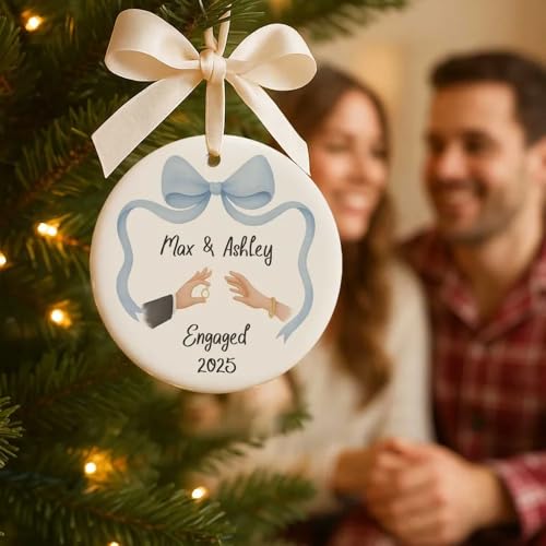 Personalized Engagement Ornament for Couple's First Christmas, Blue Ribbon Keepsake for Bride and Groom, 2025 Ceramic Holiday Decoration - Image 4