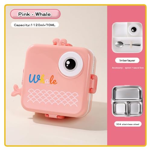 Image of YELONA 2-Layer Cartoon Shape Kids Lunch Box | Stainless Steel Inner, 3 Compartments | Airtight Leak-Proof BPA-Free Meal Box | 1120 ML + 70 ML Sauce Cup | School, Picnic Tiffin for Girls & Boys