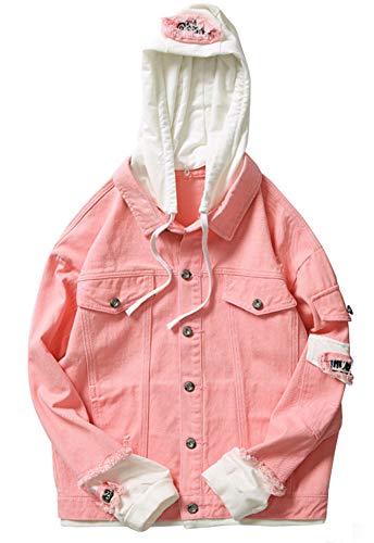 Kedera Men's Ripped Hip Hop Applique Embellished Hoodie Denim Jeans Jacket (Pink, X-Small)