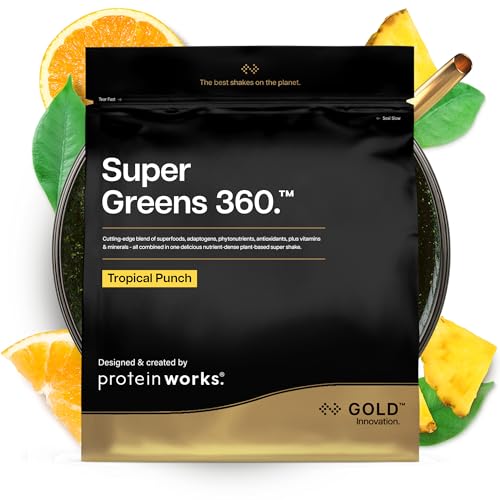 Protein Works | Super Greens 360 – GOLD Innovation, erweitertes Greens-Pulver, 159 Gesundheitsvorteile, Antioxidantien, Superfoods & Adaptogene, vegan, Tropischer Punsch, 20 Portionen, 250g