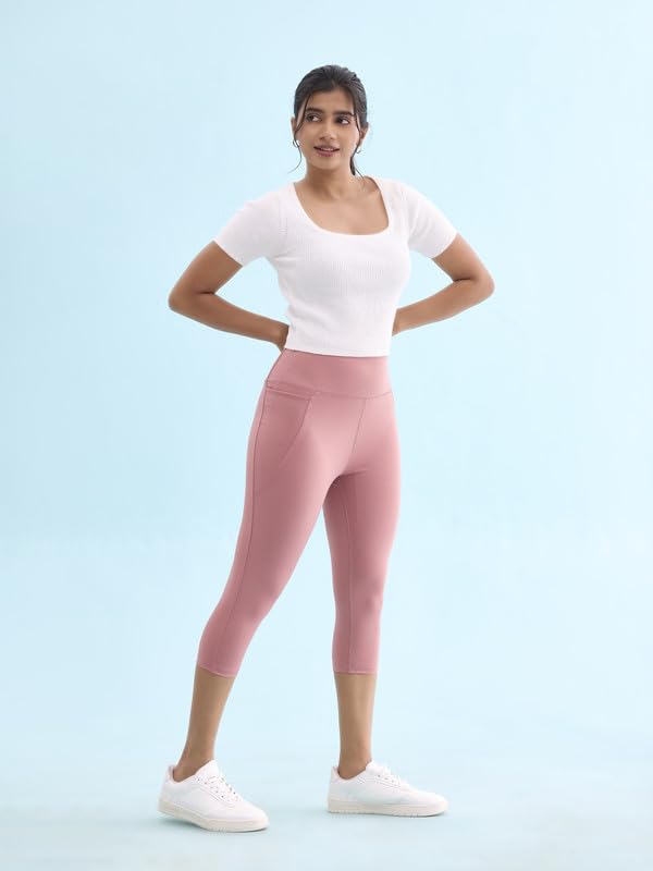 Image of GO COLORS Womens Solid Training Capri | Elastane, High Rise