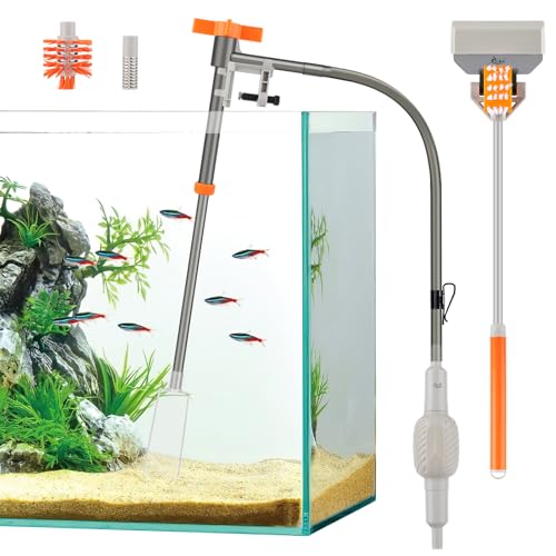 AQQA Aquarium Siphon Vacuum Cleaner Kit with 3 Replaceable Heads, Extra 2-in-1 Algae Scraper Cleaning Brush, Manually Siphon Ball Water Changer, Extendable Length to 38.2In for Fish Tank Cleaning (M)