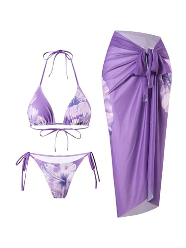 Image of ZAFUL Women's 3 Piece Swimsuit Floral Halter Triangle String Bikini Tie Side Bottom with Boho Cover Up Skirt