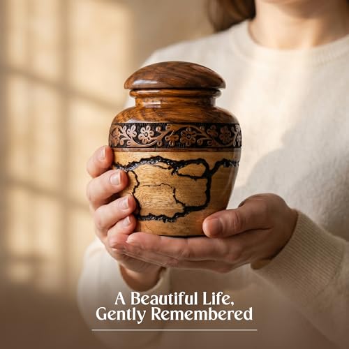 Image of Small Wooden Urns for Human Ashes - 20 lb Black Thunderstorm Pattern Cremation Urn, Decorative Keepsake Burial Container for Ashes Adult Male or Female Memorial Display