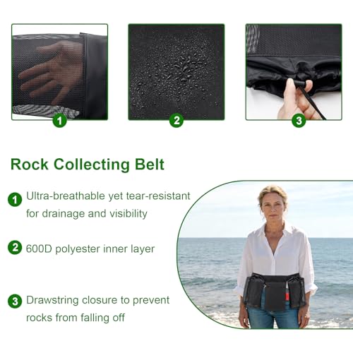 Rock Foraging Belt,Rock hounding Bag with Adjustable Waistband,Cover Geny 2 Mesh Picking Pouch for Collecting,1 Tool Bag,Outdoor Hunting Bags Lightweight and Sturdy to Wear Around Waist,Gifts