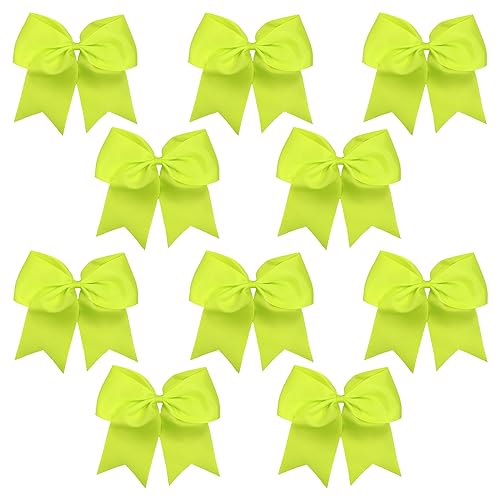 Kenz Laurenz Teens Women Girls 7 inch Jumbo Cheer Bow Big Hair Bows with Ponytail Holder Large Classic Accessories, Softball Cheerleader Sports Elastics Ties Handmade (Pack of 10) - Neon Yellow
