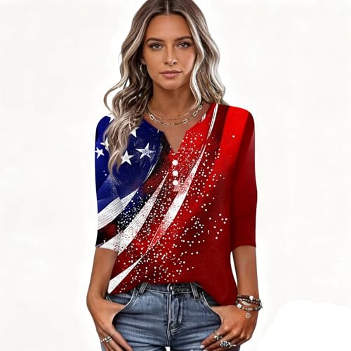 Image of 4th of July Shirts Women 3 /4 Length Sleeve Womens Tops Henley Neck Casual Patriotic T Shirts