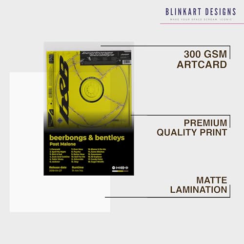 Image of BLINKART Post Malone- beerbongs & bentleys Wall Photo Frames | Wall Art for Bedroom, Living Room, Studio or Office | Album Cover Print with Spotify Song Link QR Code | Gift for Fans - 8x12 In