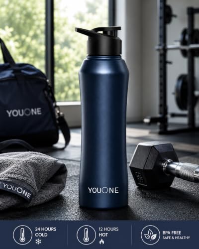 Image of YOUONE Stainless Steel 1000 ML Water Bottle /Thunder for fridge /School /Outdoor /Gym /Home /office /Boys /Girls /Kids, Leak Proof And BPA Free (Blue)