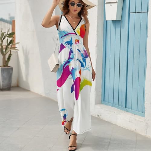 Robe longue d'été décontracté style maxi sans manches col V pour plage