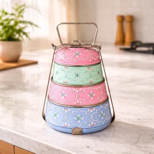 Image of iHandikart Handpainted Decorative Lunch Box Tiffin | Multiple Tier Stainless Steel Food Box | Designer Indian Print Tiffin for School | Diwali Gift, Navratri Gift (Color - Multicolor)