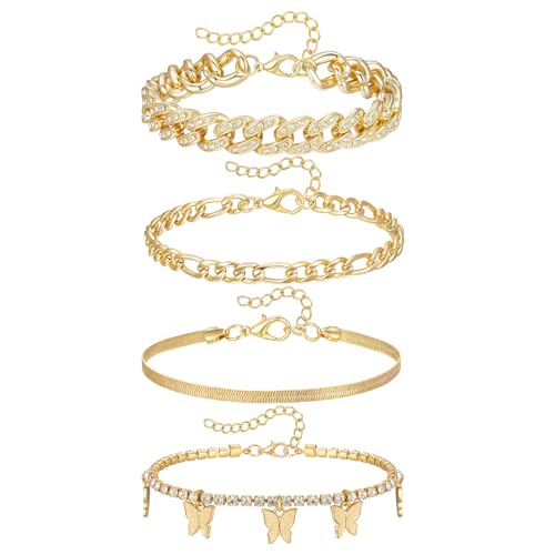 Tobilleras impermeables que no se oxidan, pack de 4 cadenas doradas de oro de 18k