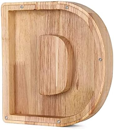 MoneRffi Personalized Letters Wooden Piggy Bank, A-Z Letters Coin Bank Money Box with Clear Alphabet Stickers, Money Saving Bank For Family Christmas Birthday Gift Home DIY Decoration
