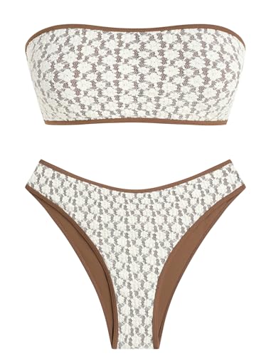Image of ZAFUL Women Strapless Textured Bandeau Bikini 2 Piece Swimwear Cheeky Solid Lace up Bathing Suits