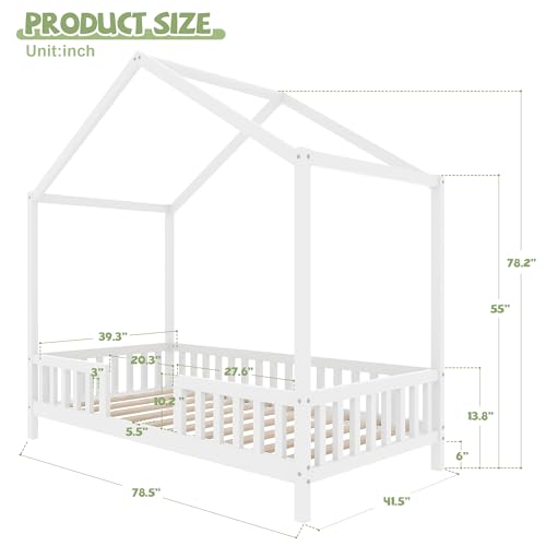 Image of Twin Size Wood House-Shape Platform Bed with Roof Frame and Canopy, Montessori Floor Bed with High Railings and Slat Support for Kids Girls Boys, No Box Spring Needed (White-05, Twin)