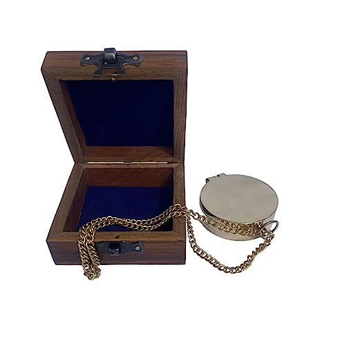 Brújula náutica vintage de latón con cadena y caja de madera miniatura 6